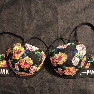 Vs Pink Black and Floral Lace Bra, with cris-cross front.